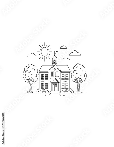 Classic school building illustration with trees and sun
