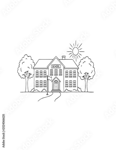 Simple school building illustration with trees and sun
