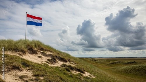 Dutch flag waving on a grassy sand dune in a coastal landscape under a dramatic cloudy sky