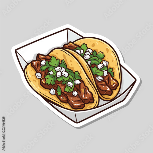 Two delicious mexican street tacos with meat and cilantro in a tray vector illustration.