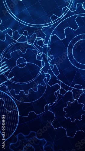 Vertical futuristic tech background featuring glowing blue gear cogs, technical engineering blueprint lines, and program code data elements