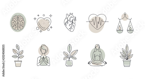 Photos Set of hand drawn line art icons representing health wellness and mindfulness