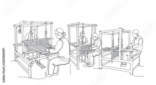Traditional Textile Weaving Workshop Scene.