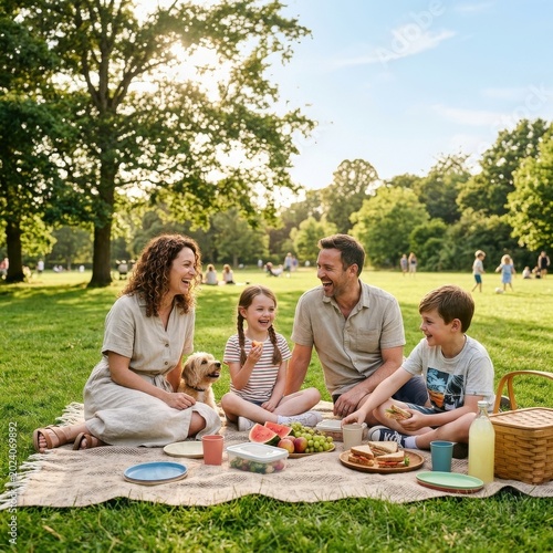 Happy family picnic with dog on sunny green lawn, parents and two children sharing sandwiches and fruit, laughing together in relaxed weekend park gathering

