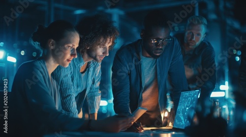 Team of diverse people working on laptop at night