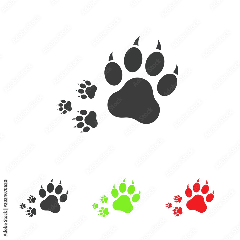 Fototapeta premium Animal Paw Prints Icon Set - Black, White, Green, Red