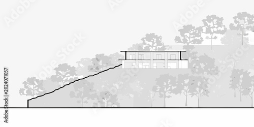 Foto Architectural rendering of modern hillside house with trees