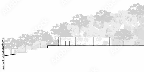 Fotografie Architectural rendering of hillside building with trees black and white
