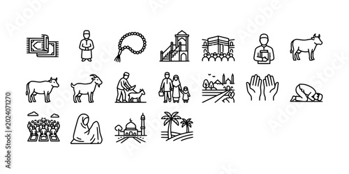 Foto Icon set collection of Islamic worship and Eid al-Adha pilgrimage rituals, showing prayer mats, mosques, Kaaba, rosary, and animal sacrifice