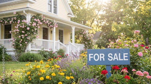 Yellow house with white porch and climbing pink roses in a garden with a blue for sale sign in the foreground during a sunny day