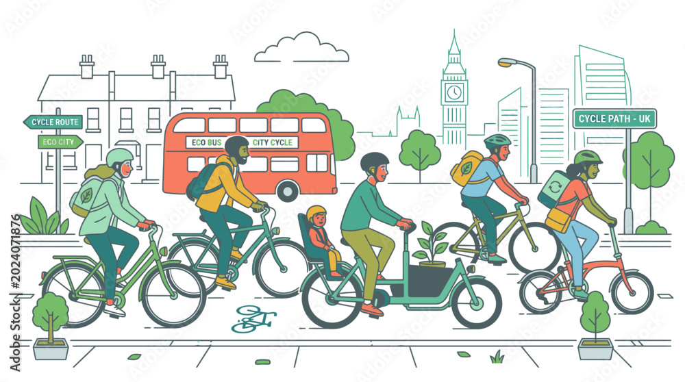 Naklejka premium Illustration of a diverse group of cyclists riding bicycles on a city street with a red bus and buildings in the background, conveying an eco-friendly urban scene with a mix of modern and