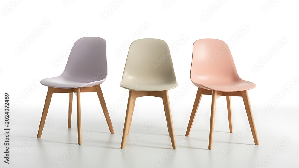 Fototapeta premium Pastel plastic dining chairs with wooden legs isolated on white background