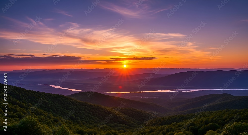 Obraz premium Vibrant sunset over rolling hills landscape with colorful sky and sun