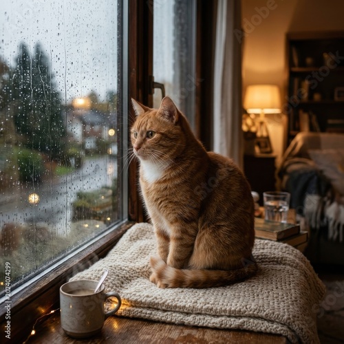 Thoughtful ginger cat gazing through rain streaked window, curled on knitted blanket beside warm mug, tranquil evening in softly lit bedroom sanctuary

