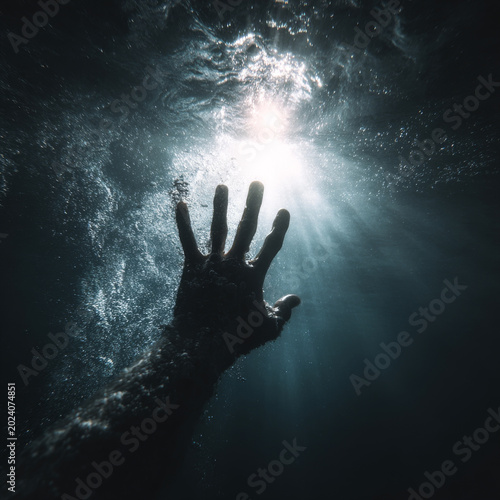 A hand reaching out from darkness with radiant light shining through water bubbles creating dramatic underwater scene