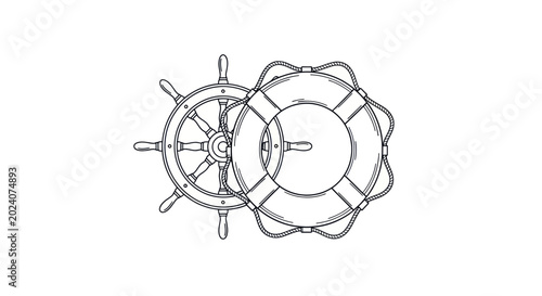 Konstfotografi Nautical Helm and Lifebuoy Hand-Drawn Sketch, Nautical Theme Vector Art