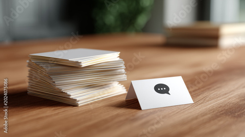 Stack of blank business cards on wooden table with a speech bubble card displaying communication concept in a cozy indoor environment