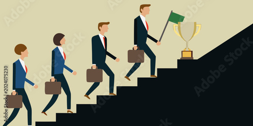 Canvas-taulu Business people climbing staircase with trophy vector illustration