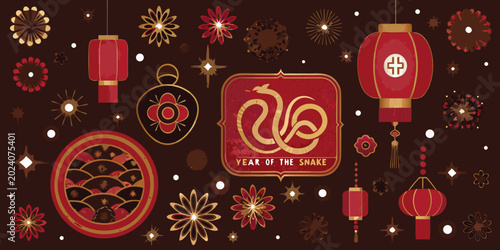 Bild auf Leinwand year of the snake celebration with red lanterns and floral ornaments