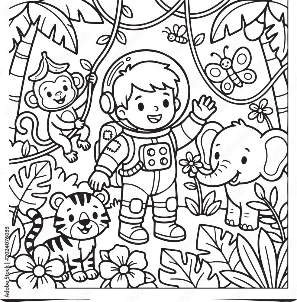 Fototapeta premium Cute astronaut with jungle animals illustration, Generative Ai