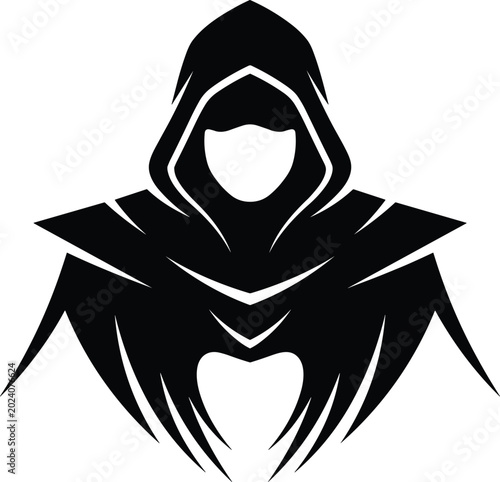 Dark hooded figure silhouette illustration, mysterious cloaked character design, fantasy assassin artwork, powerful symmetrical stealth symbol concept
