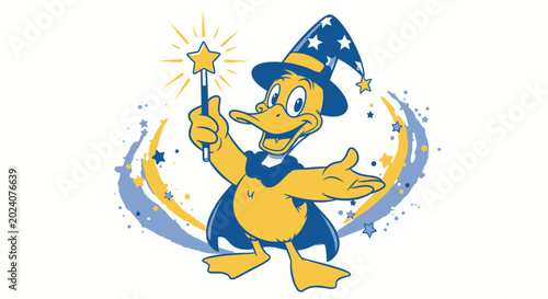 Cartoon wizard duck character holding a magic wand.