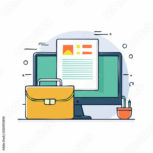 Business briefcase and computer with document