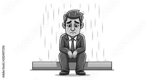 Quadro su tela Sad businessman sitting in rain, feeling depressed and lonely