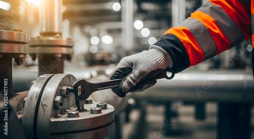 Industrial worker using wrench on large pipe flange in factory setting.