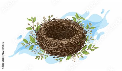Fotografija Empty bird nest with fresh green leaves and abstract blue spring shapes vector i