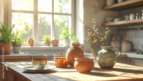 Rustic kitchen interior with natural light