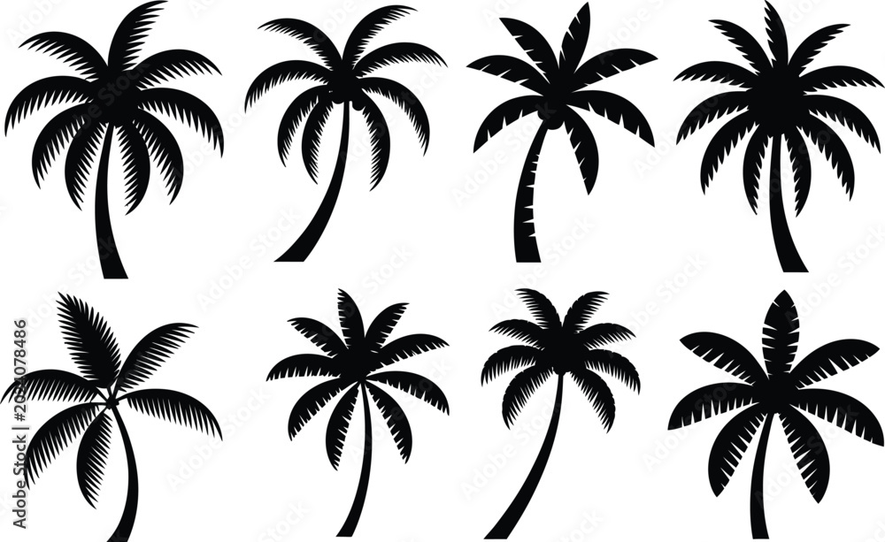 Fototapeta premium Set of eight black silhouettes of palm trees