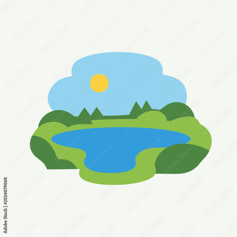 Obraz premium Minimalist Flat Landscape Illustration with Lake Forest and Sun - Simple Nature Vector Graphic