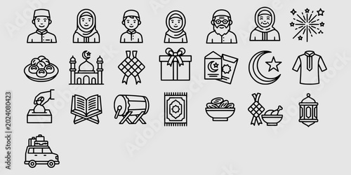 Bilde på lerret Icon set collection of Islamic holiday line icons featuring Muslim family, mosqu
