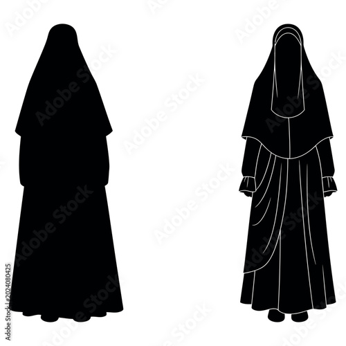 Schilderij op canvas Silhouette and detailed illustration of a woman wearing traditional modest clothing including a long flowing dress and a head covering known as a hijab presented in a clean graphic style