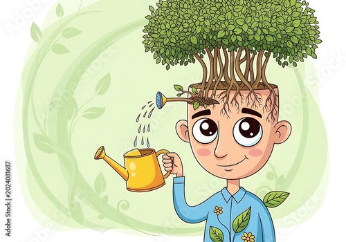 Child with Tree Hair Watering Plant Nature Illustration.