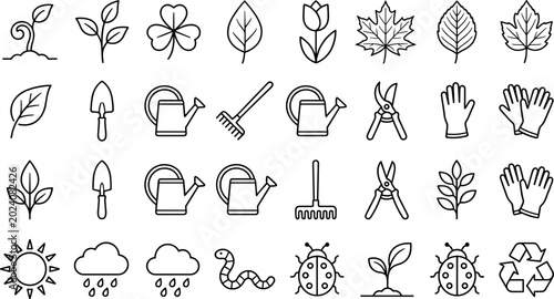 Photos Gardening and Agriculture Outline Icon Set Featuring Plants Watering Cans Trowel