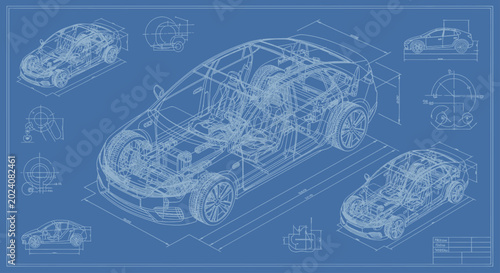 Detailed Blueprint of a Modern Race Car Chassis and Engine Design.
