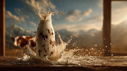 Milk splashing from bottle farm landscape beverage photography outdoor setting dynamic perspective natural beauty