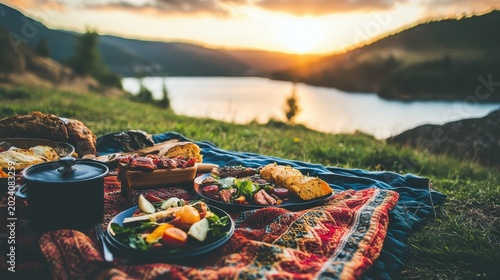 A delightful lakeside picnic spread with vibrant blankets and delicious food against a warm sunset