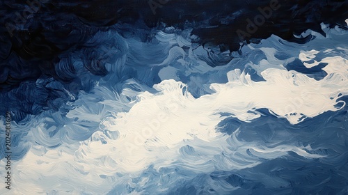 Abstract expressionist painting of dynamic ocean waves with contrasting blue and white hues capturing the sea's powerful energy.