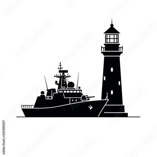 Foto Large Ship Sailing Near Lighthouse Tower.