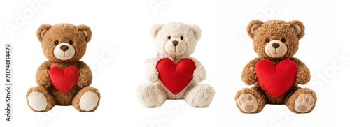 Bild auf Leinwand Soft teddy bear plush trio holding bright red hearts, perfect for Valentine gift