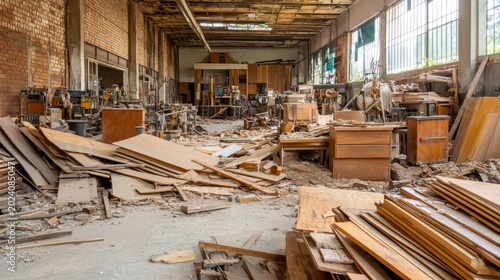 Dusty interior of an abandoned factory filled with broken machinery and scattered debris under bright midday sun.