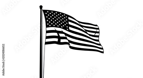 Bild auf Leinwand American Flag Waving on Pole - Black and White Vector Illustration