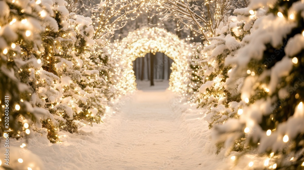 Fototapeta premium Enchanting winter garden pathway adorned with warm Christmas lights, creating a magical snow-covered archway for a cozy festive stroll.