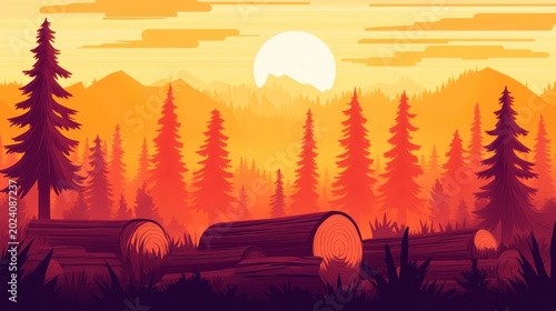 Forests being logged at sunset, showcasing environmental impact and deforestation.