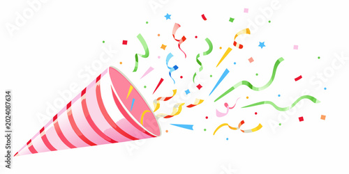 Bild auf Leinwand pink striped party popper shooting confetti isolated on white