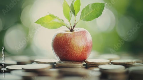 Red apple with green leaves growing from atop a stack of coins, symbolizing financial growth and investment