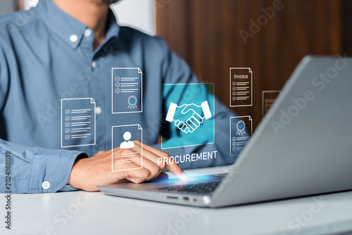Businessman interacting with digital procurement contract icons, visualizing automated supply chain, business agreement, legal compliance, financial auditing, and strategic partnership